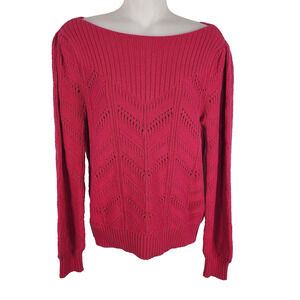Loft Womens Geo Pointelle Sweater Medium Pullover Pink Knit Boat Neck Relaxed
